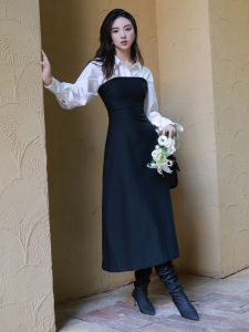 Hebe Style Black Shirt Dress Female High Waist A-Line Long Dress Polyester Fiber OL Style Commute Pure Color Spring Autumn