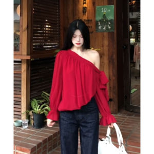 CHANGTONG | Unique Off-shoulder Red Shirt Loose