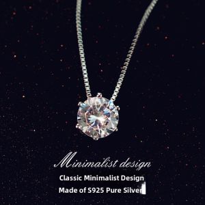 Sweet Short Single Diamond Necklace for Women Silver Six Claw Pendant Korean Fashion Jewelry Simple Zircon out Brand New