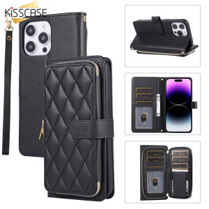 KISSCASE For iPhone15ProMax Zipper Flip Leather Case Luxury Fashion Simple Apple15 Card Slots Bag Hand Lanyard Solid Color Ladies Trendy Female Mobile Phone Protective Case Back Cover For iPhone 15 14 13 12 11