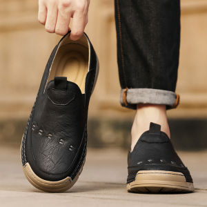 Mens Casual Leather Slip-On Shoes Spring Autumn New Style Ultra-Light Soft Bottom Driving Comfortable Fashion Single Shoes