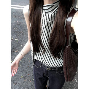 เสื้อเชิ้ตแขนกุดลายทางสไตล์ฝรั่งเศสหรูหราสำหรับผู้หญิงในช่วงฤดูร้อน เสื้อเชิ้ตผู้หญิงสไตล์เกาหลีที่สวมใส่สบายและมีสไตล์