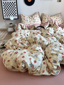 Rustic Floral Cotton Bedding Set Queen Size Washed Pure Cotton Duvet Cover Sheet Dormitory Three Piece Set Gentle Girl Heart
