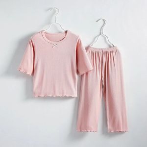 Sonkpuel | Girls Sets Summer Thin Children Short Sleeve Set Ice Silk 2pcs Homewear Clothes 2-10 Years Girl Pure Color Kids Pajamas