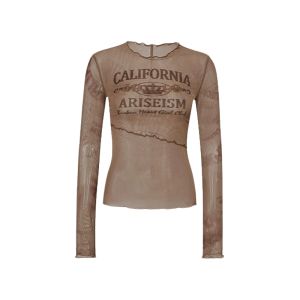 YUEZHONGWEI | American Style Long Sleeve Mesh Letter Print T-Shirt Women Summer Thin Sun Protection Slim Fit Pure Desire Top