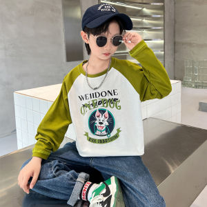 Pure Cotton Long Sleeve T-Shirt for Boys Spring Autumn Season New Style Shoulder Insert Splicing Base Layer Top for Middle Large Children