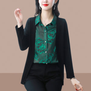 High-End Printed Long Sleeve Shirt Womens Spring Fashion 2024 New Splice Cover Belly Top Polo Collar Loose Fit Premium Quality