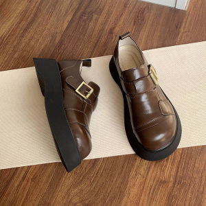 Womens Thick Bottom Large Head Shoes British Style Small Leather Shoes Increase Height Single Shoes Casual round Toe Loafers