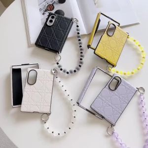 szhaiyu | For Samsung Galaxy Z Flip 8 7 6 5 4 3 Leather Case With Protable Beads Wrist Strap Shockproof Full Protection Stylish Back Cover