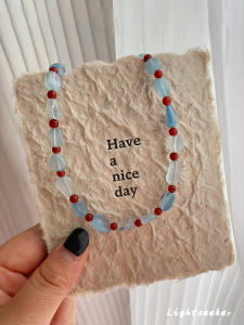 Natural Sea Blue Agate Red Agate Beaded Necklace Summer Versatile High-End Color Collision White Lockbone Chain Jewelry