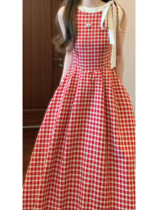 Fashionable French Style Unique Plaid Halter Maxi Dress