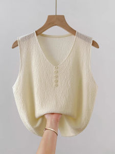 WANGGONGZHU | Fashionable Ice Silk Strap Vest Women Summer New Style Plus Size V-Neck Ribbed Button Up Top Solid Color Princess Commute Style