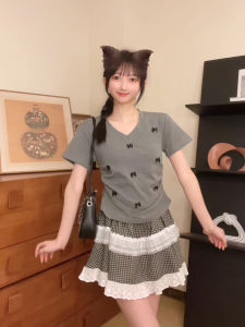 Áo Thun Nữ Tay Ngắn Cổ Chữ V Thắt Nơ Trang Trí Xếp Ly Cạp Cao Dáng Ôm Vừa Vặn Mùa Hè Chất Liệu Cotton Pha Trộn