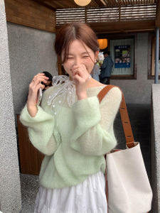 Avocado Green Womens Loose Knitted Sweater Lazy Style Sweet Loose Mouton Hair Sweater Autumn New Korean Style Top