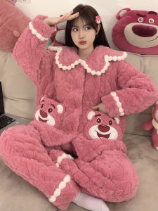 Thickened Coral Fleece Pajamas Womens Home Clothes Set Long Sleeve Straw Bear Cartoon Print Flannel Sleepwear Winter Nightgown