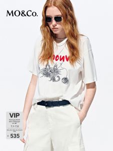 MO&Co. | New Cotton Embroidery Cartoon Pet Loose Drop-shoulder Short Sleeve T-Shirt