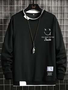 ROMON | Lormen Mens Long Sleeve Hoodie Spring Autumn Fashion Brand Smiley Print Base Layer Shirt Top Casual Comfortable Polyester