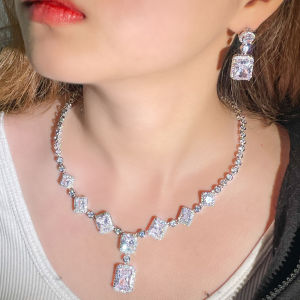 SEQUITO Fashion Brides Jewelry Set Paved Setting Princess Cut AAA Cubic Zirconia White Gold Plated Rectangle Pendant Necklace Earrings for Engagement Party SJ279
