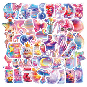 Cute Doodle INS Stickers 50 Sheets Transparent Crystal Glass Bottle Starry Sky Design Decorative Notebook Helmet Photo Frame Water Cup Electric Car Fridge iPad Camera Computer DIY Light Blocking Stickers