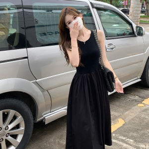 SUHUIQIAN | French Audrey Style Black A-Line Waist-Cinched Sleeveless Dress