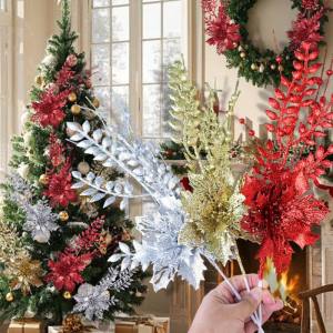 3ชิ้นดอกคริสต์มาสระยิบระยับใบเจดีย์ต้น Poinsettia สำหรับการตกแต่งคริสต์มาส DIY พวงดอกไม้พวงมาลัยต้นคริสต์มาส