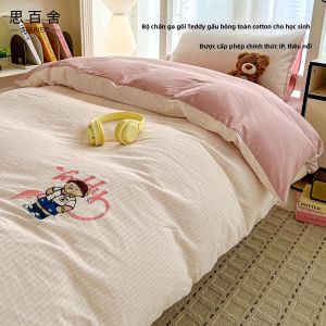 SIBAISE | Bộ Đồ Chăn Ga Gối Học Sinh Ký Túc Xá Thêu Hình Gấu 0.9m