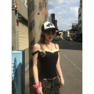 Áo Ba Lỗ Ren Đen Ôm Vừa Vặn Cho Nữ Mùa Hè Thiết Kế Một Bên Vai Gợi Cảm Áo Ba Lỗ Cổ Chữ V Tay Dây Không Tay Áo Chui Đầu