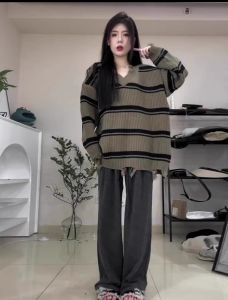 WANGGONGZHU | Womens Oversized Soft Cozy V-Neck Pullover Sweater Striped Hole Design Mid-Length Autumn Winter Fashion Casual Loose Style