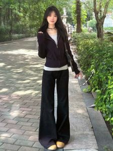 Extended Length American Style Low Waist Black Denim Jeans Womens Tall Size Micro Flared Pants Casual Four Seasons Universal