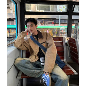 Kaki Short Coat Mens Spring Autumn American Retro Style Casual Jacket Polyester Fiber Long Sleeve Zipper Closure Outerwear