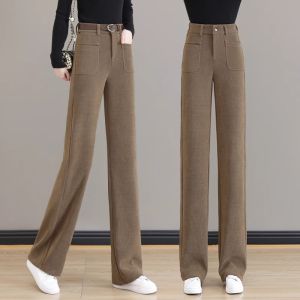 High Waist Wide Leg Pants Womens Slim Fit Thickened Fleece Drapey Elegant Commuter Style Long Trousers for Spring Autumn