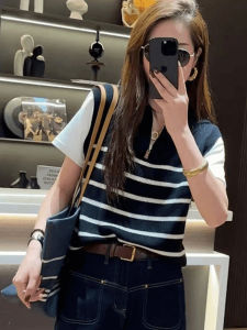 Korean Style Striped Zipper Polo Neck Splice Color Block Knitted Top Womens Summer New Elegant Fake Two-Piece Shirt