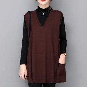 Womens Knitted Sweater Vest Top Layering Spring Autumn plus Size Loose Outerwear V-neck Polyester Fiber Pure Color Commute
