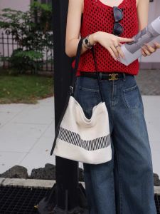 Casual Canvas Tote Bag Summer Commute Lazy Style Large Capacity Striped Bucket Bag Women 2025 New Leisure Big Bag
