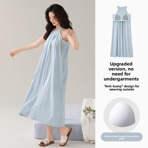 miiow | Cat Woman Summer Ice Silk Sleep Dress Womens Strapless Gown With Chest Pad Home Clothes Polyester Fiber Round Neckline Dress