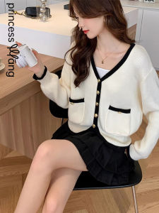 WANGGONGZHU | Color Block Knitted Long Sleeve Womens Cardigan Autumn Fashion Slimming Top Princess Style V Neck Button Up Sweater
