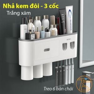 Kệ nhả kem đánh răng tự động 3 cốc nhả kem đôi - Kệ nhà tắm đa năng dán tường để dầu gội sữa tắm - Kệ để đồ dùng nhà tắm - Kệ treo bàn chải - kệ nhà vệ sinh