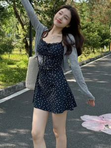 Floral Print Halter Dress Korean Style Summer Short Sleeve A-Line Skirt Commute Friendly Natural Waist Short Dress