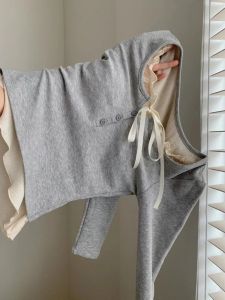 Áo Thun Dài Tay Nữ Mùa Thu Đông Có Đệm Ngực Ngắn Kiểu Dáng Hai Mảnh Kiểu Pháp Có Viền Gỗ Thời Trang