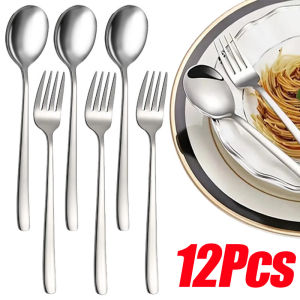 12Pcs Korean Spoon Fork Set / Silver Polished Stainless Steel Cutlery / Long Handle Soup Spoons / for Home Kitchen Hotel Restaurant Flatware Set