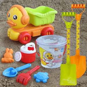 Cartoon Plastic Beach Toy Set for Children Sand Digging Spoon And Bucket Tool Kit Sandglass Pool Water Bottle Beach Playtime