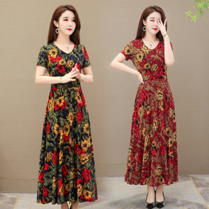 PM✿ Floral Dress V-Neck Short Sleeve Loose Long Dress Soft Breathable for Women New Style 2023