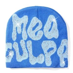 2025 NEW Y2K MEA Culpa Beanies Hat with Rhinestone for Women Men Beanies Hats Hip-hop Soft Stretch Warm Knitted Slouchy Cap