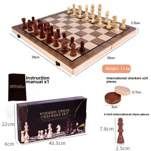 High-Grade Magnetic Chess Solid Wood 2-in-1 Package Large Kids Wooden Folding Chessboard International Chinese Checkers