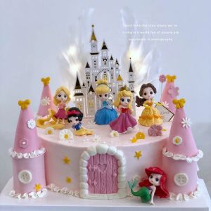 Disney Princess 6-Piece Mini Belle Cake Decoration Ornaments Rapunzel Snow White Cinderella Q Edition Set Girls Birthday Inserts
