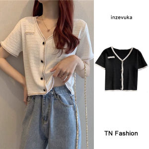 Áo sơ mi kiểu hàn quốc nữ croptop tay ngắn dệt kim cổ V cúc ngọc viền thời trang thiết kế cao cấp