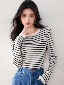 Slim Fit Long Sleeve Womens T-Shirt Knitted Wool round Neck Base Layer Shirt Thin Sweater Korean Style Commute Nylon Fabric