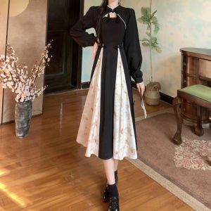 ชุดเดรสยาวปานกลางสไตล์จีนใหม่พร้อมกระดุม ชุดราตรีสุดหรูสำหรับผู้หญิง ชุดเดรสยาวเอวสูง แขนยาว คอตั้ง