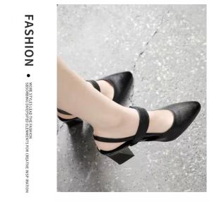 2024 Summer Womens Pointed Toe High Heel Sandals Leather up Front Thick Heel Fashionable All Match Outerwear Slip-On Shoes