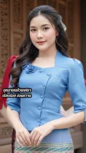 เสื้อผ้าไหมลาว คอห้าเหลี่ยม แขนศอกระบาย แต่งกระดุม 2 เม็ด งานเข้ารูปเข้าทรง สวมใส่ได้ทุกโอกาส